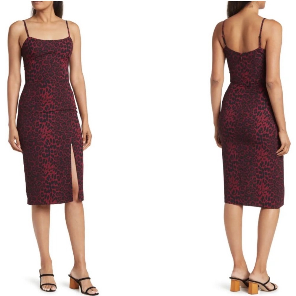 Dress the Population Shaireen Leopard Print Midi Dress Size L NWT Bodycon